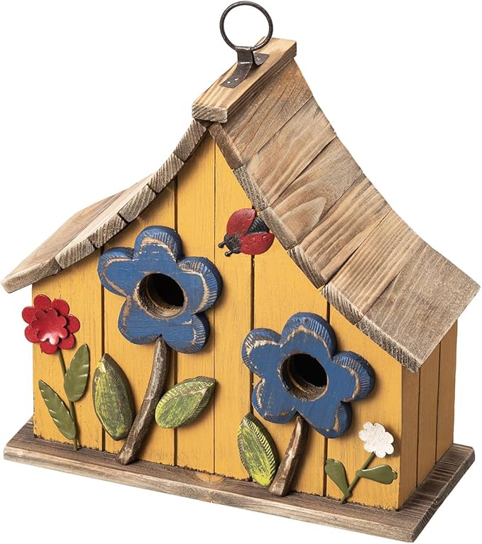 Glitzhome Bird Houses for Outside, 10.75" L Distressed Solid Wood Hanging Birdhouse with 3D Flowers Rustic Two-Story Townhouse Hand-Painted Garden Bird Houses for Outdoors,Washed Yellow