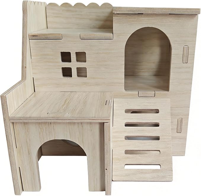 Multi-Chamber Hamster Hideout & House, Natural Wood Small Animal Cage Accessories for Dwarf Hamsters, Gerbils and Mice – Ventilated Design with Structure (Model 1)