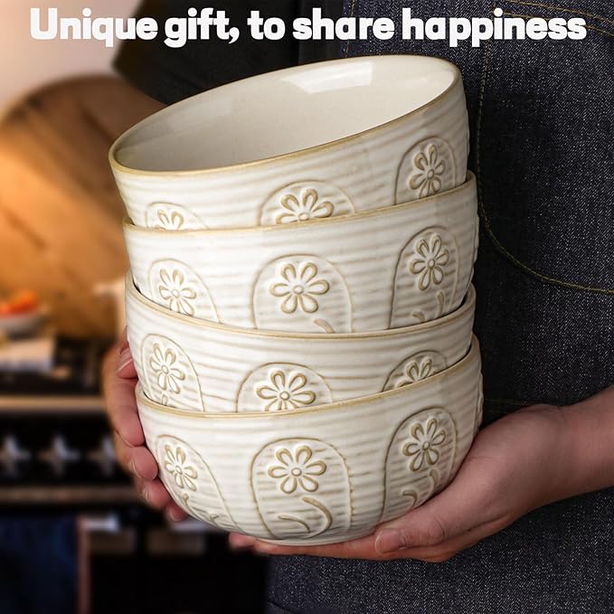 Artena Soup Bowls 32 OZ, Cereal Bowls Set of 4, White Embossment Ceramic Ramen Bowl for Salad, Dinner, Pho, Noodle, Pasta, Snacks, Dishwasher Microwave Safe, 6.3 Inch, Pinwheel Flower (Pack of 2)