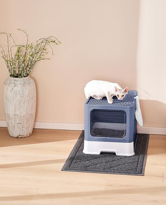 Medario Cat Litter Box with X-Large Litter Mat and Scoop, Large Covered Litter Box with Lid, Enclosed Kitty Box,Front Top Entry Exit, Odor Control Easy to Clean (Upgrade Midnight)