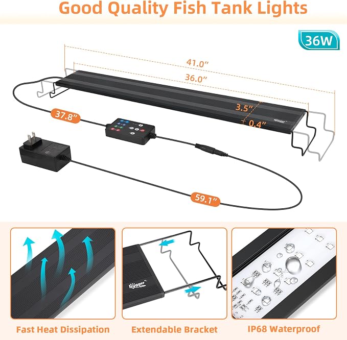 hygger LED Aquarium Light, 36W Full Spectrum Fish Tank Light with Multi-Color Timer DIY Mode 24/7 Natural Mode Adjustable Brightness, Aquarium Plant Light with Extendable Brackets for 36~41IN Tank