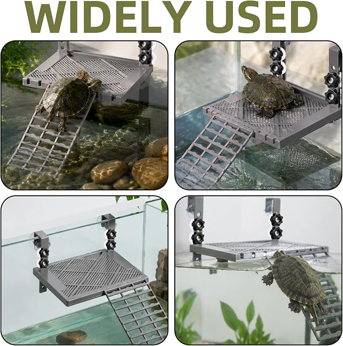 Solidform Turtle Basking Platform with Built-in Food Tray/10x7.8” Non-Slip Ramp Terrace, Heavy-Duty Suction Cups for 25-75 Gallon Aquariums, Resting Dock for Aquatic Turtles