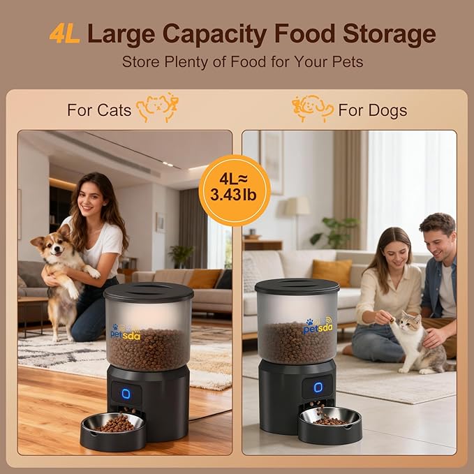 Automatic Cat Feeders 4L Timed Dry Food Dispenser WiFi 10 Meals Programmable 1-12 Portion Per Day with APP Control Dual Power Supply with Stainless Bowl for Multi-Pet Easy Clean