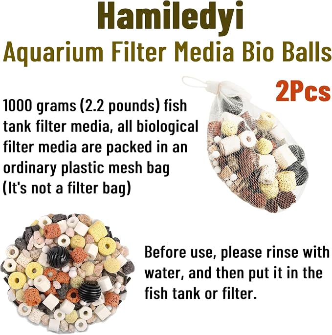 Hamiledyi 2 Pcs Aquarium Filter Media 12 in 1 Bio Balls Ceramic Rings Fish Tank Pond Biofilter Filter Media 1000 Grams with Mesh Bag