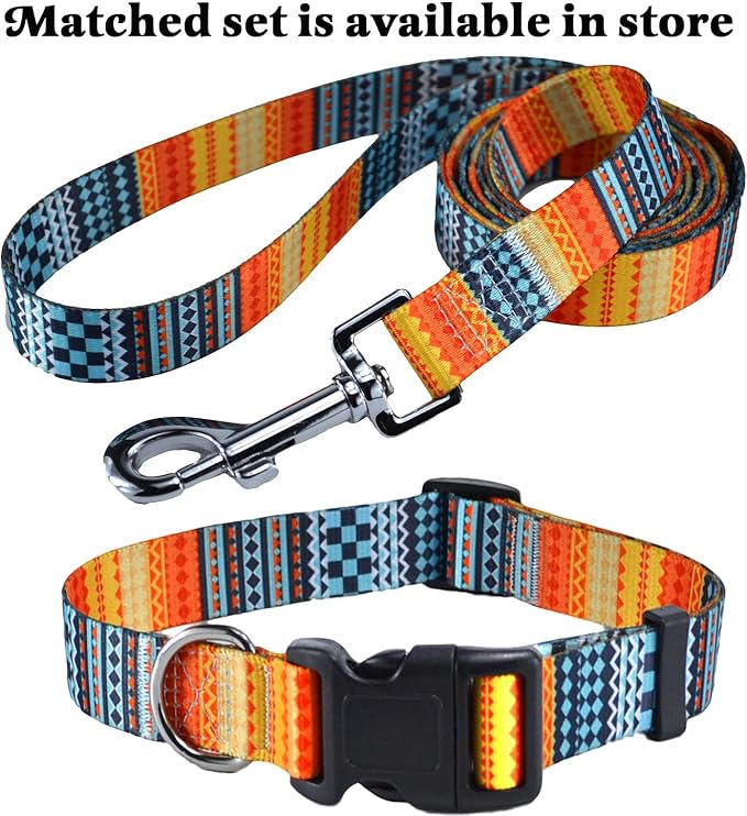 Mihqy Dog Collar with Bohemia Floral Tribal Geometric Patterns - Soft Ethnic Style Collar Adjustable for Small Medium Large Dogs(Bohemian Orange,M)