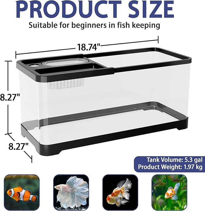 5.3 Gallon Fish Tank, 9 in 1 Betta Fish Tank, Aquarium with LED Full Spectrum 3 Color Light, 3 Modes Filter, Hydroponic Basket, Fishing Net, Shells, Aquatic Plant, Coral, Pebbles, Starter Kit (Black)