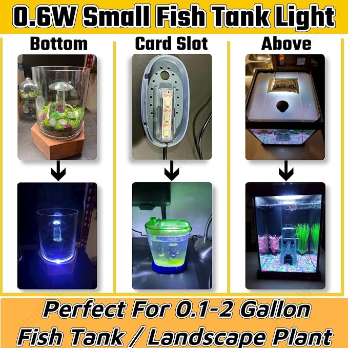 HuGuWdy Small Fish Tank Light,LED Aquarium Light 0.6W 5V 2.4x0.8 Inch 1m USB Cable with Double Sided Tape, Small Aquarium Light Fish Tank Lamp for Small Aquarium or Office Desk Fish Tank
