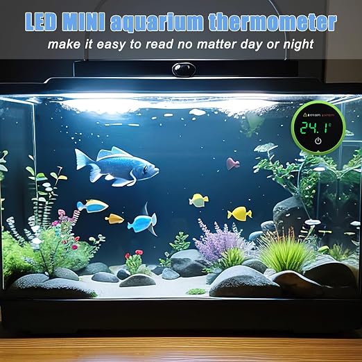 Aquarium Digital Thermometer with LED Touch Screen - Stick-on Fish Tank Thermometer for Betta Tanks, HI/LO Temperature Alarm, Cordless Waterproof Sensor, CR2032 Battery (14-140°F/-10-60°C)