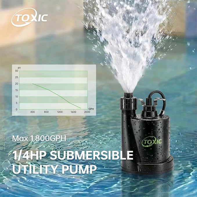 1/4 HP Submersible Sump Pump 1800 GPH Portable Utility Water Pump with 10ft Cord Thermoplastic Construction High Flow Drain Pump for Basement Garden Pool Pond Flood Removal
