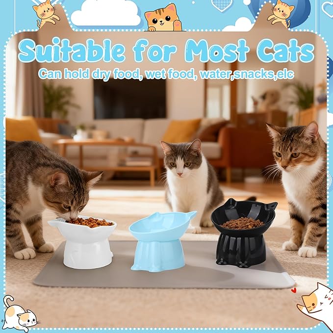 3 Pcs Elevated Cat Bowls 15°Raised Cat Food Bowl with Silicone Mat Whisker Friendly Anti Vomiting Cats Dishes Pet Food and Water Bowls for Indoor Cats Kittens, Blue, Black, White