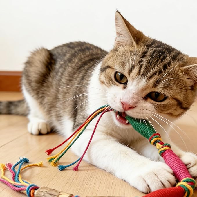 IUHKBH Silvervine Cat Toy, 4 Packs Colorful Chew Ropes with Silvervine Sticks and Refillable Natural Catnip Bag for Teeth Cleaning Safe Interactive Toy for Indoor Cat Kitten