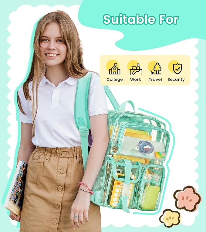 Vorspack Clear Backpack for School - Heavy Duty Transparent Bookbag for Girls Boys Large See Through backpacks for Work, College, Travel - Mint Green
