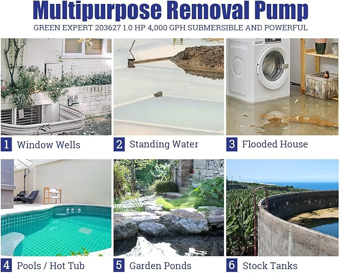Green Expert 1HP Submersible Sump Pump 4000GPH High Flow Full Stainless Steel 25FT Power Cord Fast Water Drainage for Flood Pool Garden Pond Hot Tub Rain Barrel Heater Flush Household Drain System