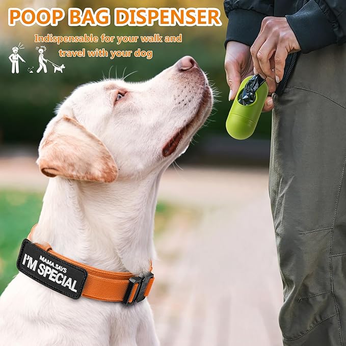 HYDEME Tactical Dog Collar Adjustable Nylon Collar with Control Handle and Heavy Metal Buckle for Medium and Large Dogs, with Patches&Airtags Case&Poop Bag Dispenser&Portable Bowl.(XL, Orange)