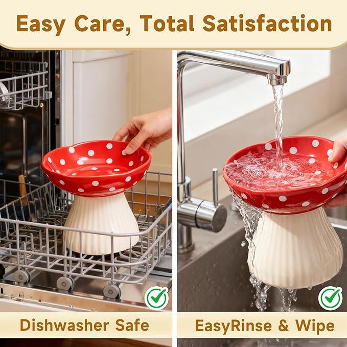 Mushroom Cat Bowl,Whisker Fatigue Cat Bowl,Cute Cat Bowls,Elevated Cat Food Bowl, Lead & Cadmium Free Ceramic Cat Bowls for Food and Water. (Red+Yellow)