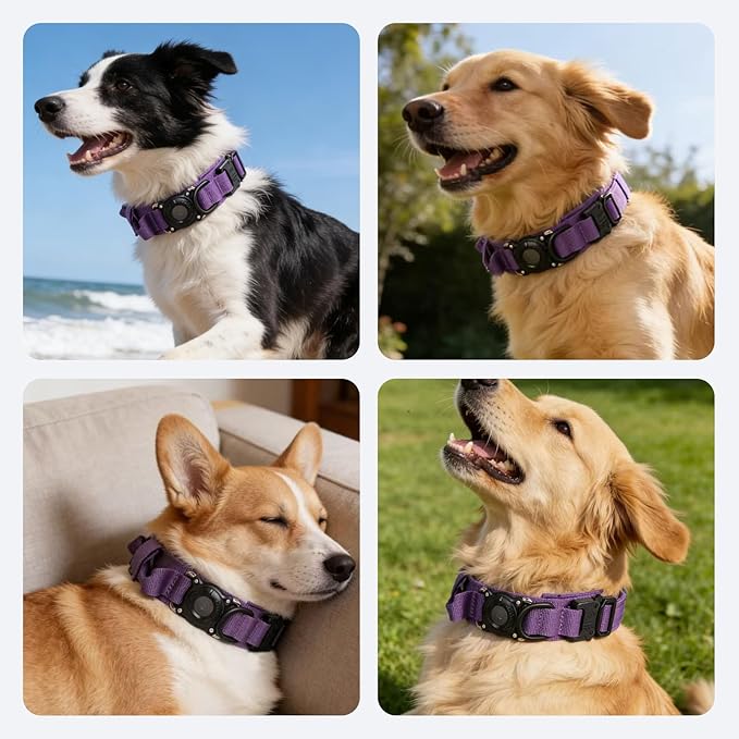 Upgraded AirTag Dog Collar,Waterproof Tactical Dog Collar with AirTag Holder, Control Handle and Metal Buckle,Heavy Duty Dog Collars for Large Dogs (DeepPurple,XL