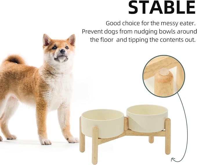 Havniva Ceramic 6.1inch Raised Dog Bowl with Stand for Small and Medium Breed Dog Dish Pet Food and Water Bowl (Double Bowl with Stand - Light Yellow, 28oz)