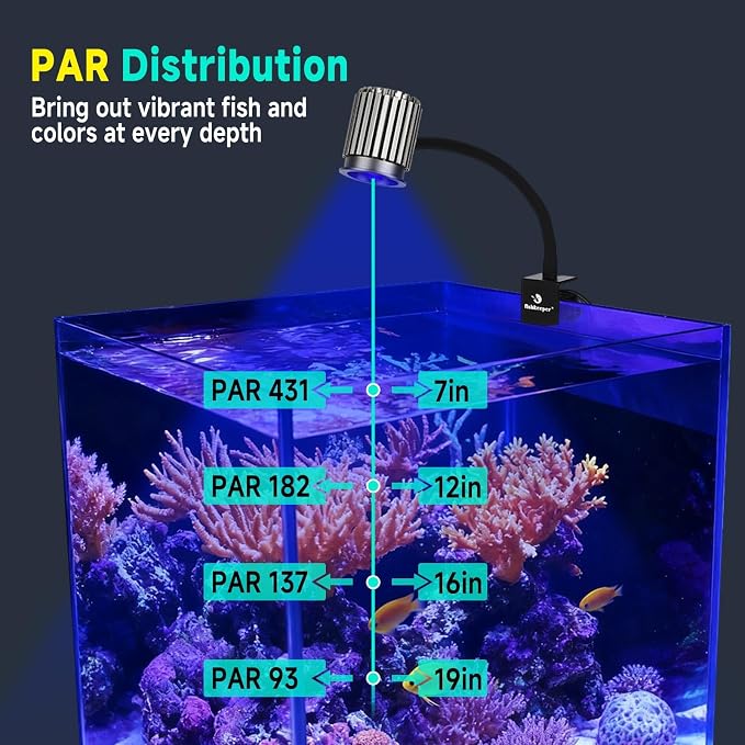 fishkeeper Saltwater Aquarium Light for 5-10 Gallon, 24/7 Reef LED Light | Adjustable 3 Color Mode /10 Brightness/3 Timer, 12W Clip On Aquarium Light for Coral Marine Tank, Memory Function