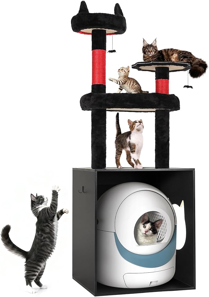Cat Tree Tower with Litter Box Enclosure, 67 Inch Large Cat Tree for Automatic Litter Box, 2-in-1 Goth Litter Box Enclosure with Cat Scratching Posts, House, Hammock, Red Black