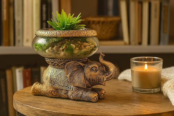 Good Luck Elephant Terrarium Bowl, Antique Gold | Elephant Figurine with Removable Glass Bowl, Succulent Planter, Candle Holder, Air Plant Display, Zen Home Décor Accent