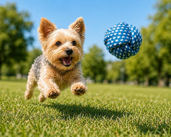 Cotton Rope Dog Ball Toy – Durable Braided Chew & Fetch Ball for Small to Medium Dogs – Natural Teeth Cleaning, Random Colors (Random Blue)