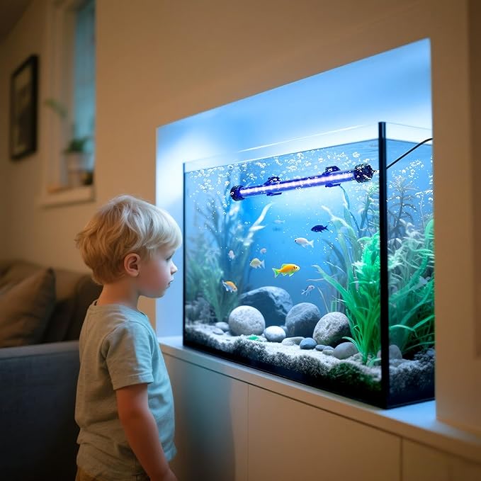 LED Submersible Aquarium Light 8W Underwater Fish Tank Light with Blue White&Blue and White Three Light Modes Timer Automatic On/Off and Dimmer Brightness Adjustable (15inch)