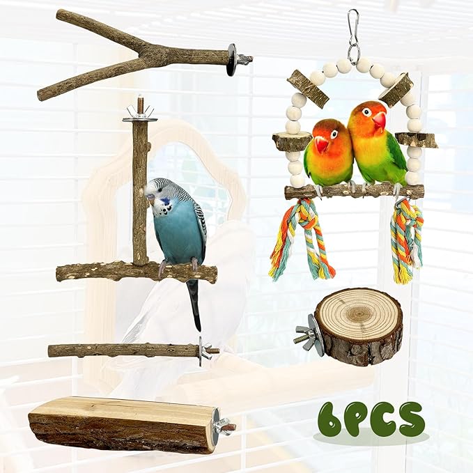 6 pcs Natural Wood Bird Perch Set, Claw-Trimming Fork Perch, Budgie Climbing Standing Branch Toy, Chewing Stick Cage Accessories, Suitable for Budgies, Lovebirds, and Cockatiels