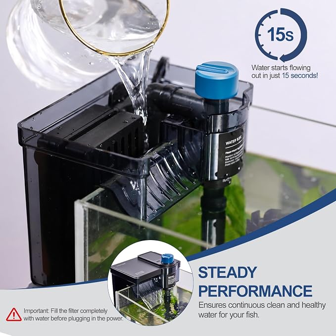 Hang on Back Aquarium Filter,Aquarium Filter,Quiet for 3-15 Gal. | Adjustable Flow, With surface skimmer and sponge guard.Freshwater & saltwater compatible, 6W, 140 GPH.