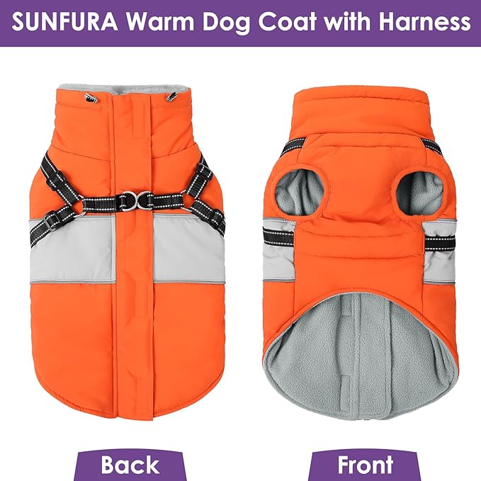 Dog Coat, XXL Dog Jacket Winter with Harness Built in, Waterproof Pet Snow Jacket with Furry Collar for Chilly Day, Reflective Fleece Snowsuit for Extra Large Dogs, Orange 2XL