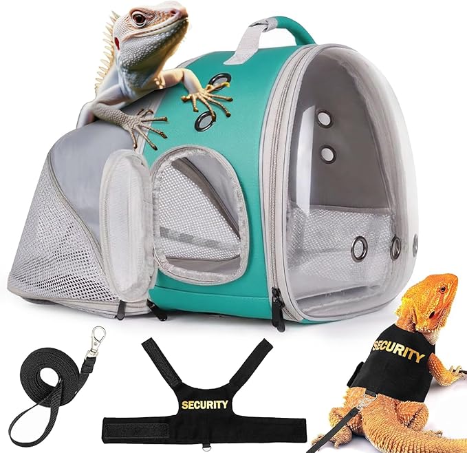 WEVONIGU Expandable Small Animal Backpack Carrier with Clear Bubble Window Large Space Travel Cage for Hedgehog Rat Parrot,Bearded Dragon,Sugar Glider,Airline Approved (Green, BE Backpack+LSH)