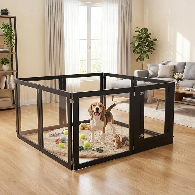 Heavy Duty Clear Acrylic Dog Playpen for Small/Medium Pets – 32" High Clear Pet Pen with Sturdy Metal Frame, Walk-in Kennel, Expandable Indoor & Outdoor Pet Play Yard (Black, 8 Panels Including Door)