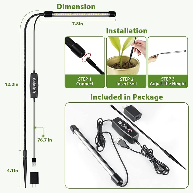 Grow Light for Indoor Plants Growing, 6000K Full Spectrum Gooseneck Plant Lamp for Seedings Succulents Small Plants, Auto On/Off Timing & 5 Dimming, 3-Pack