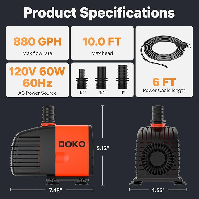 Doko Submersible Water Pump,880GPH Aquarium Water Pump with Extended Mesh Cover and Sponge,Ultra Quiet Pond Pump with 6Ft Power Cord for Fountains,Fish Tanks,Hydroponics,and Waterfalls