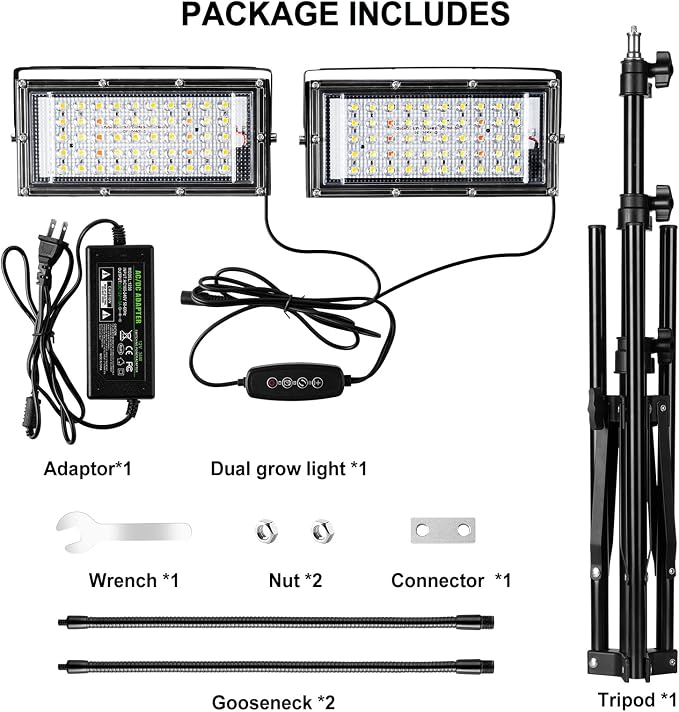 LBW Grow Light for Indoor Plants, Dual-Head Full Spectrum LED Plant Light | 3/6/12H Auto On/Off Timer, 6 Dimmable Levels, 3 Switch Modes, 15-63 inches Adjustable Tripod Stand, Ideal for Tall Plants