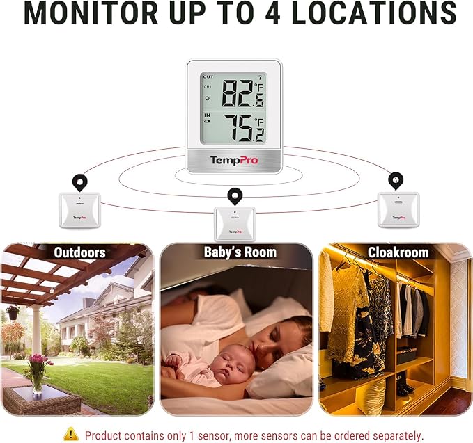 TempPro TempAir 500FT Indoor Outdoor Thermometer Wireless | Outdoor Thermometers for Patio with Temperature Sensor, Room Thermometer for House Home Reptile Baby Room Temperature Monitor
