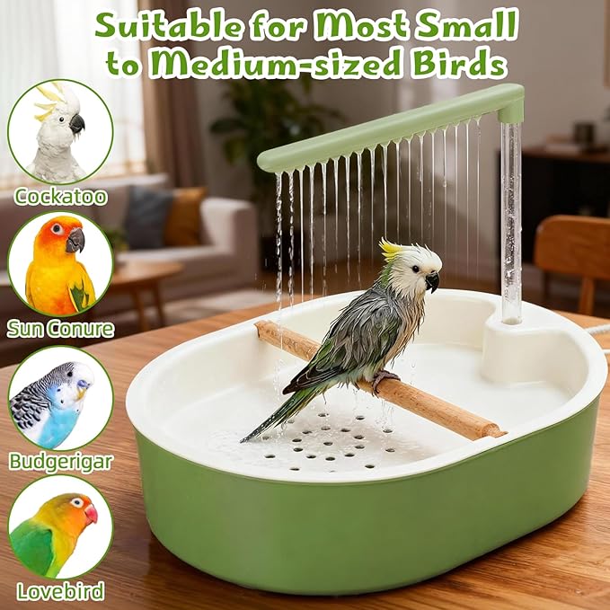Parrot Shower for Cage, Automatic Parakeet Bird Bath with Circulating Water, USB Charging Quiet Pump Detachable Bathtub, for Small & Medium Birds Budgie, Cockatiel, Lovebird, Conure, Parrotlet, Quaker