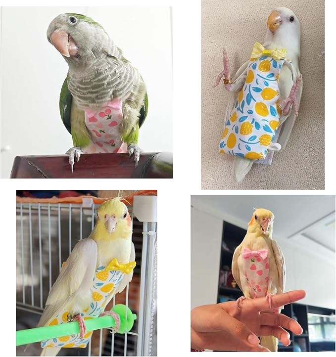 Bird Diaper Flight Suit, 3-Packs Lightweight Reusable Washable Elastic-Straps Parrot Clothes for Peony/Monk Parakeet, Prevents Poop Leaks & Feather Pecking (Bow+Lemon+Cherry, M)