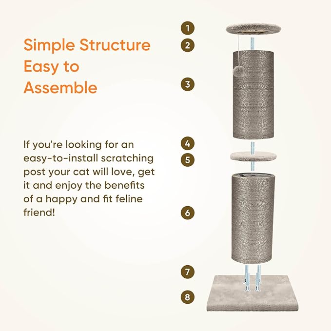 PAWSCRAT Cat Scratching Post 32 Inch High, 5.5 Inch Large Diameter Natural Sisal Cat Scratch Post, Scratch-Resistant and Durable Tall Cat Scratcher for Indoor Cats, Protect Your Furniture, Gery