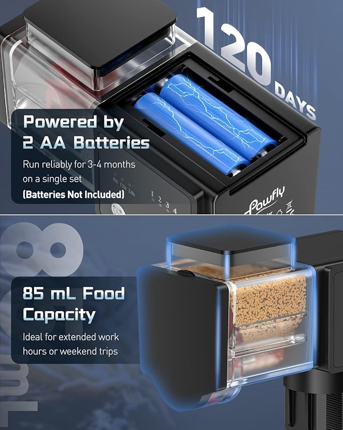 Pawfly Automatic Fish Feeder for Aquarium, 85 mL Auto Fish Feeder Automatic Dispenser, Adjustable Auto Fish Food Dispenser with Timer, Fish Food Vacation Feeder, Battery Operated (Not Included)