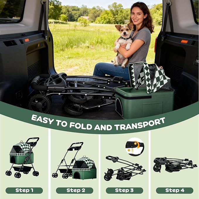 Foldable pet Stroller for Cats with Detachable Weather Cover, 4 Wheels Pet Strolling Cart for Dogs and Cats with Storage Basket and Cup Holder(Green)