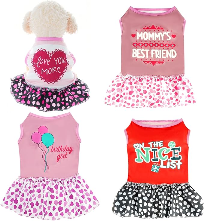 Pistha 4 Pack Adorable Puppy Dog Printed Clothes for Small Dogs - Girl Holiday Apparel Dresses(L)