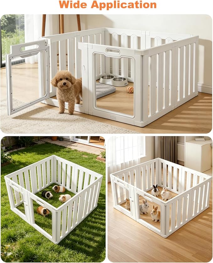 Acrylic Indoor Dog Playpen with Heavy Duty Door Lock,24" H 8 Panels DIY Puppy Playpen Pet Play Pen for Small Animal, Easy Assemble and Clean Plastic Pet Fence,White