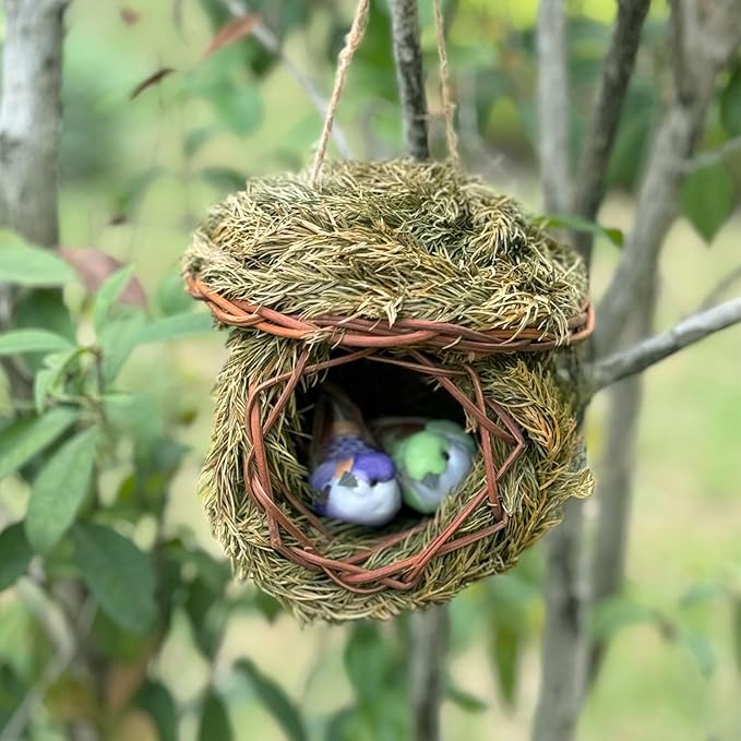 2 Pack Green Grass Birdhouse for Outside Garden Decoration Hanging Bird Hut Bird Nest Cozy Resting Place for Wild Birds (About 3.5-4.5inch)