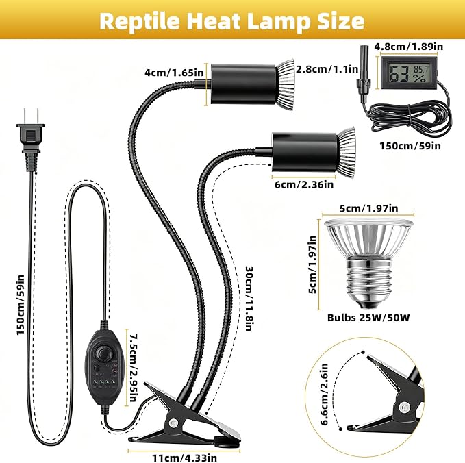 Reptile Heat Lamp with Timer & Hygrothermograph, Double-Head UVA UVB Light | Simulated Sunlight Basking Spot Lamp for Turtle, Lizard, Snake, Beared Dragon, Amphibians, 2 Bulbs 25W+50W