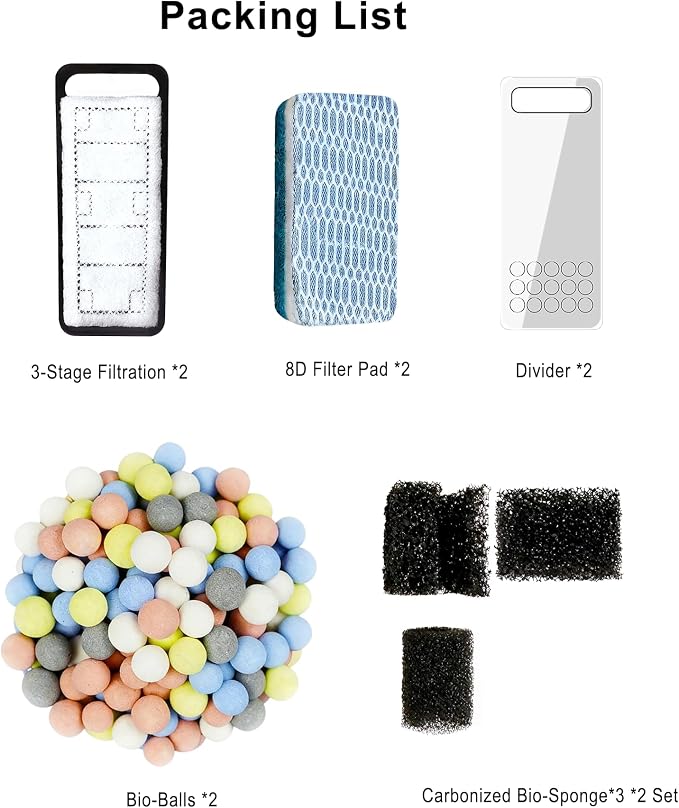 2 Pack Aquarium Filter Media, Including 8D Pad, Pre-Filter Sponge, Bio Sponge, Bio Balls, for Small Filter