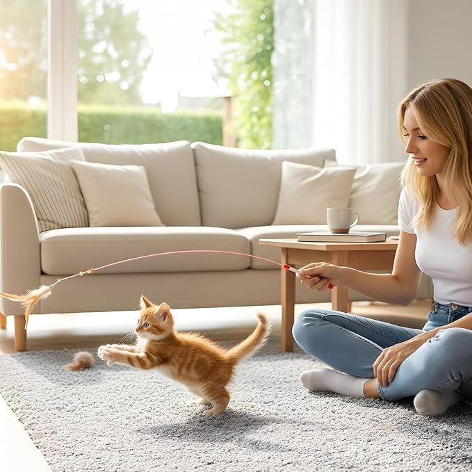 4 Pcs Cat Feather Toys, Cat Feather Wand Toy with Bell Beads Interactive Cats Toys Wand Teaser Wire Wands for Cats Chase Exercise Play