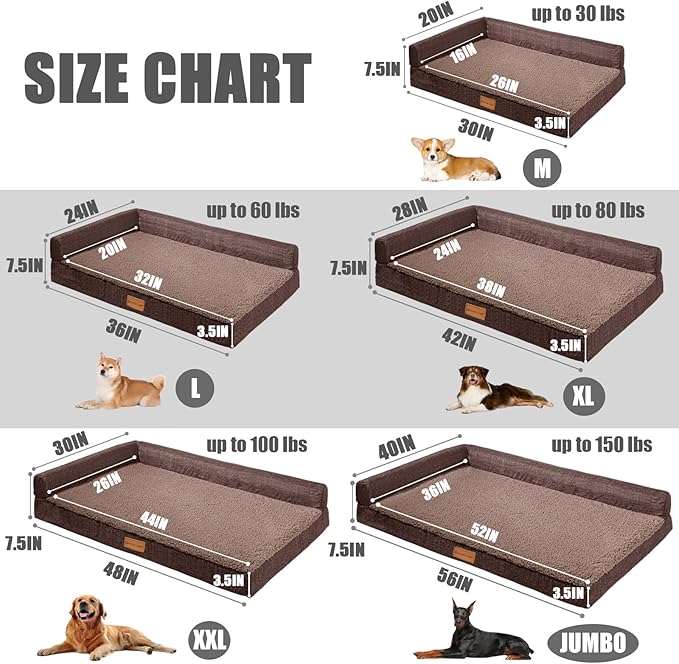 Patas Lague Orthopedic Dog Bed Large Sized Dog 36''X24'', Waterproof L Bolster Medium Pet Sofa Beds with Removable Washable Cover, Soft Comfortable Pet Couch Crate Mat with Nonskid Bottom, Brown