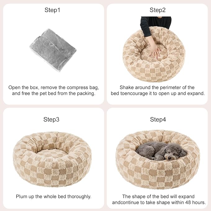 Dog Calming Beds for Small Medium Large Dogs - Round Donut Washable Puppy Dog Bed, Anti-Slip Faux Fur Fluffy Donut Cuddle Anxiety Cat Pet Bed (28" Grid)