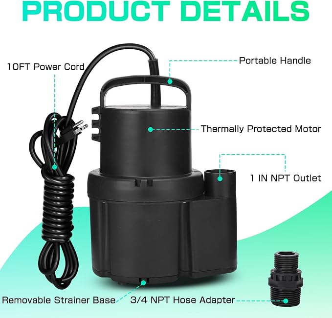 D-HONOR Submersible 1/6 HP 1370GPH, Sump Pump Submersible for Clean Water | Electric Utility Pump with 1" Water outlet and 3/4" Garden Hose Adaptor for Swimming Pool Garden Pond Draining