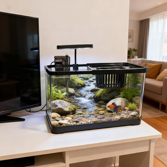 4 Gallon Fish Tank, Aquarium Plastic Starter Kit with Filter, Small Net and LED Light, Fish Tank for Betta, Plastic Nano Aquarium with Lid(15 * 7.87 * 8.07 inch/Black) (4 Gallon Fish Tank)